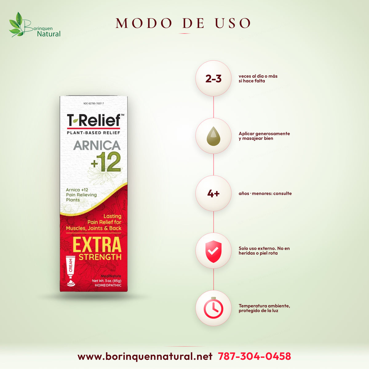 Modo de uso de la crema T-Relief: desde 4 años, aplicar en la zona afectada de 2 a 3 veces al día y masajear