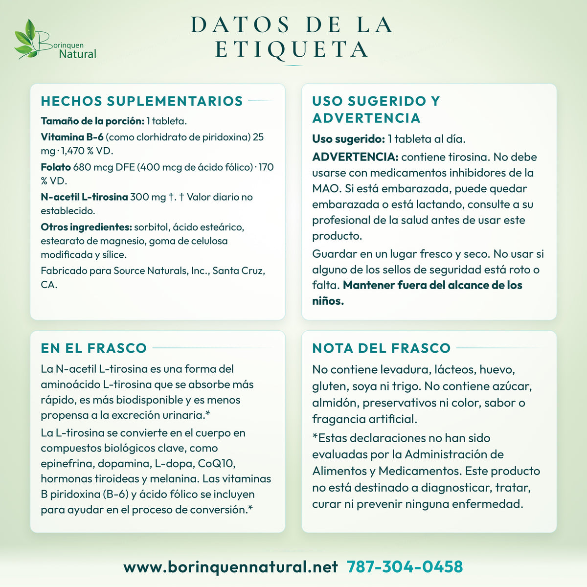 Datos de la etiqueta del N-Acetyl L-Tyrosine de Source Naturals: hechos suplementarios, otros ingredientes, uso sugerido, advertencia y lo que dice el frasco
