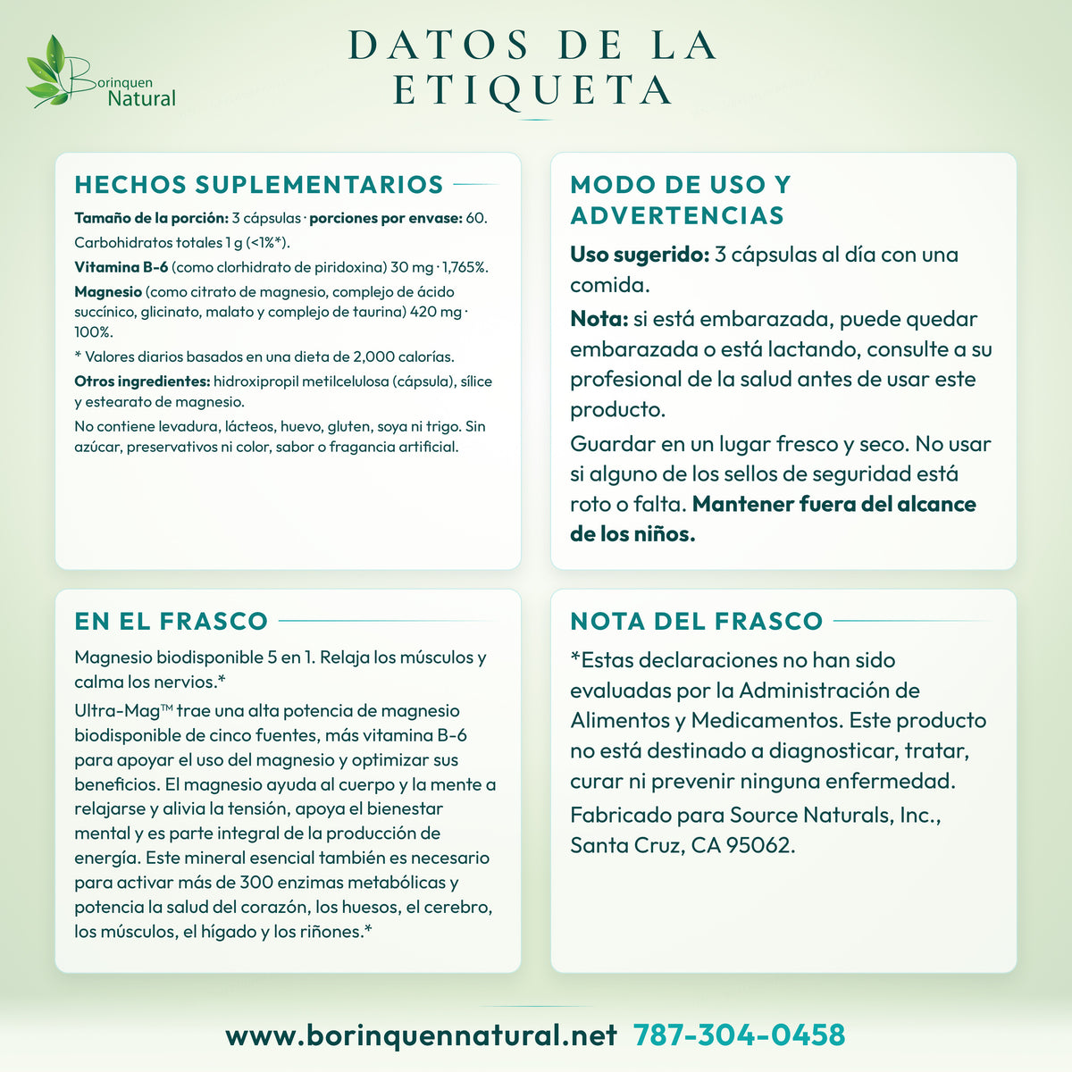 Datos de la etiqueta del Ultra-Mag de Source Naturals: hechos suplementarios, otros ingredientes, modo de uso, advertencias y lo que dice el frasco