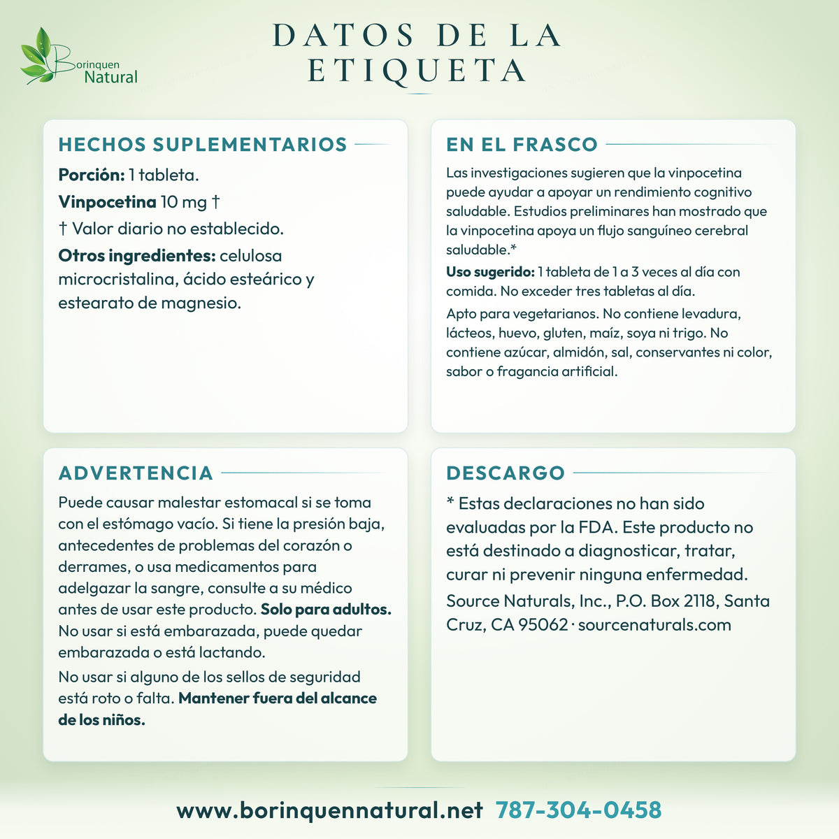 Datos de la etiqueta de Vinpocetine de Source Naturals: hechos suplementarios, otros ingredientes, uso sugerido y advertencia