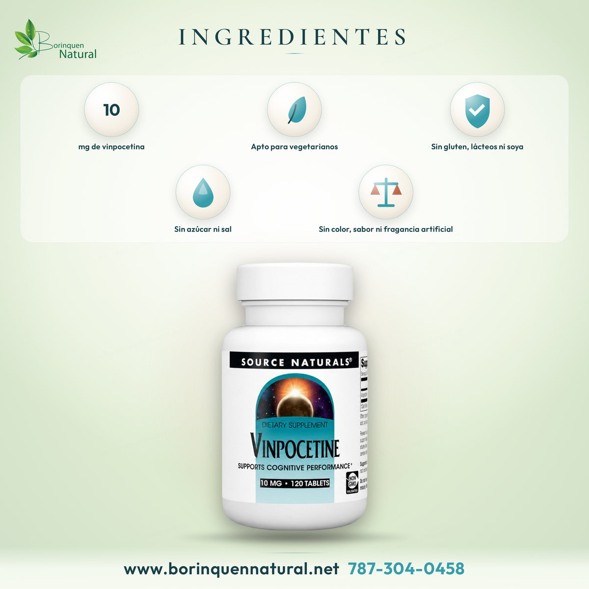 Ingredientes de Vinpocetine de Source Naturals: 10 mg de vinpocetina por tableta, sin gluten, lácteos ni soya