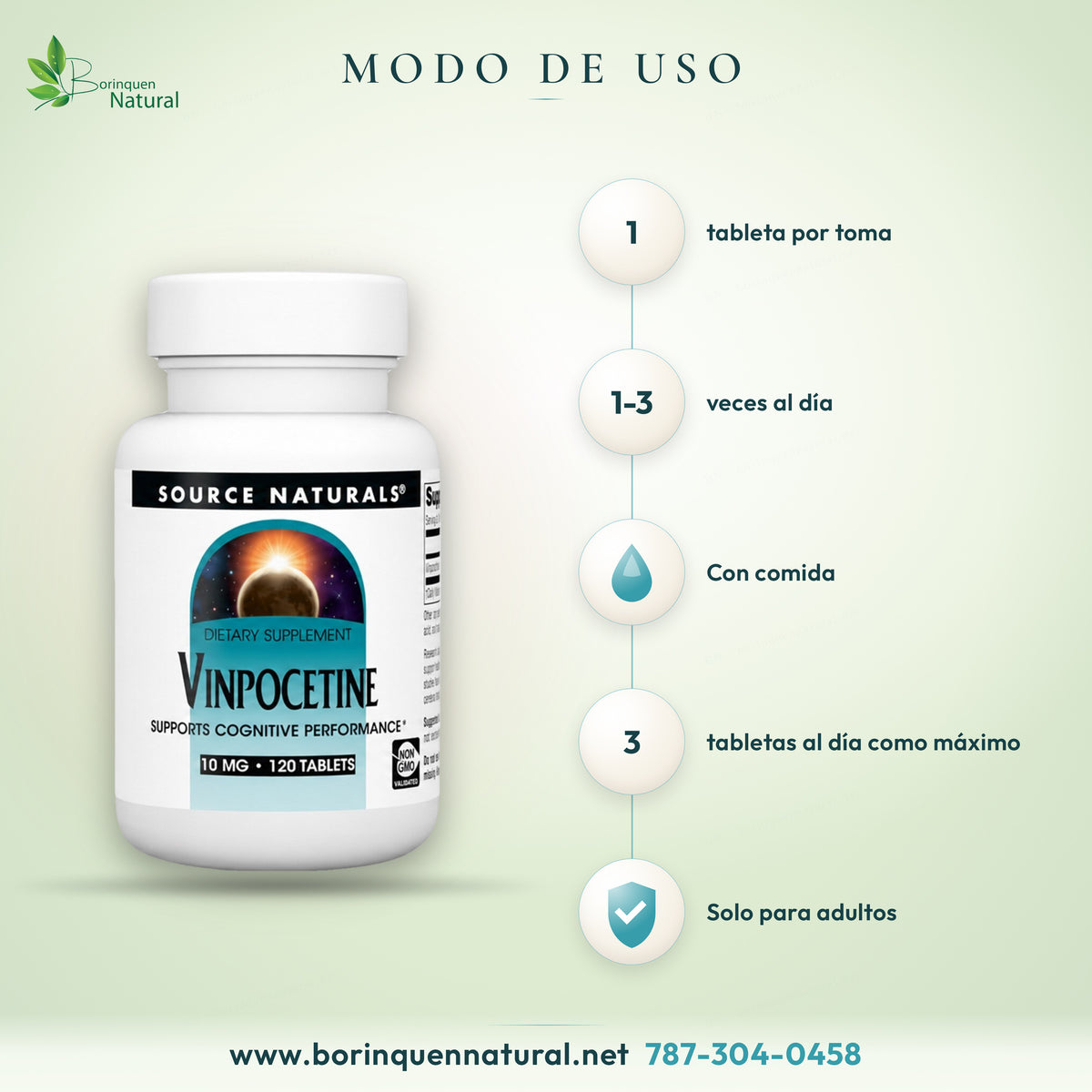 Modo de uso de Vinpocetine de Source Naturals: 1 tableta de 1 a 3 veces al día con comida, no más de 3 tabletas al día