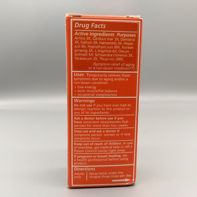 Vital II Liddell spray oral homeopático con ginseng, 1 oz, sin hormonas — etiqueta con los ingredientes