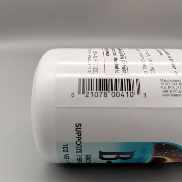 Vitamina B-2 Riboflavina 100 mg Source Naturals, 250 Tabletas — vista lateral del envase