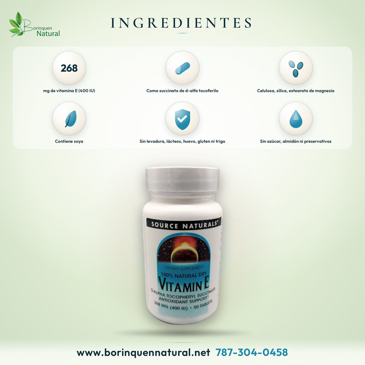 Ingredientes de la Vitamina E Source Naturals: 268 mg (400 IU) de vitamina E como succinato de d-alfa tocoferilo