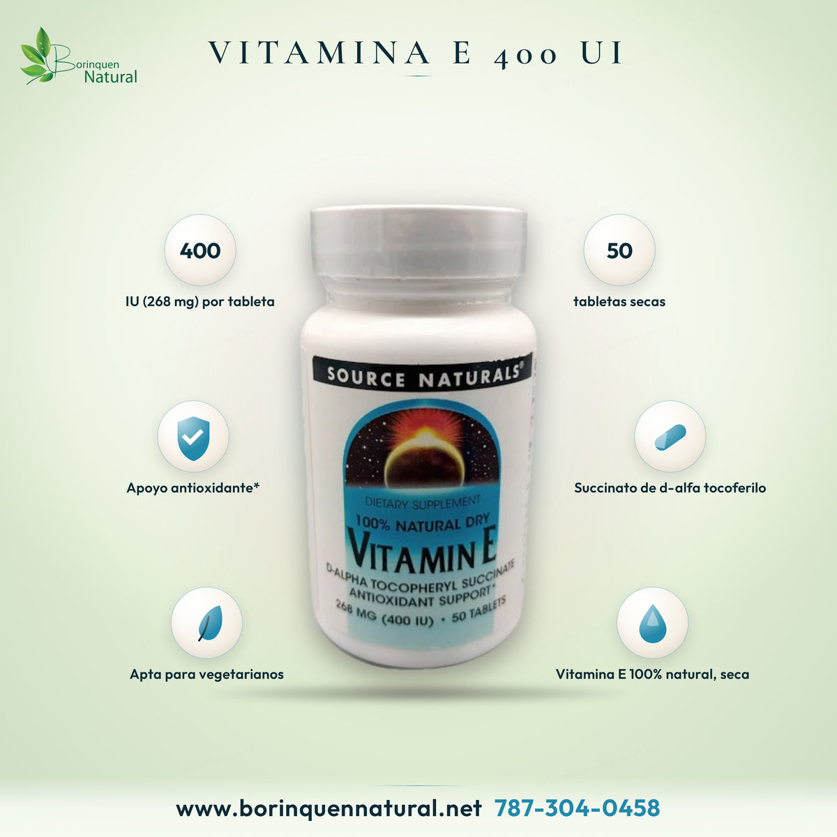 Vitamina E 100% natural seca de Source Naturals, frasco de 50 tabletas de 268 mg (400 IU) de succinato de d-alfa tocoferilo