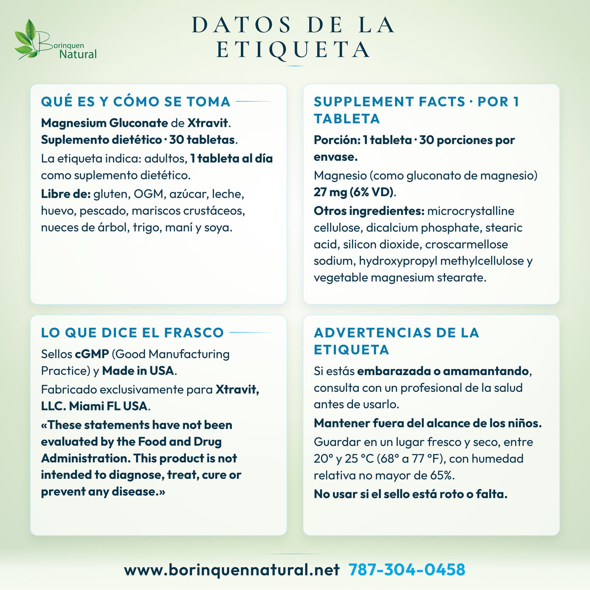 Datos de la etiqueta de Magnesium Gluconate de Xtravit: Supplement Facts, modo de uso, otros ingredientes y advertencias