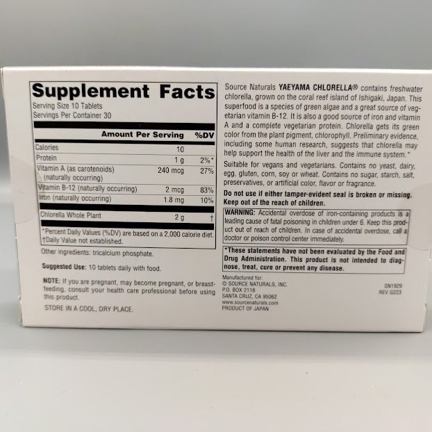 Yaeyama Chlorella 200 mg, Box 300 Tablet de Source Naturals — etiqueta con los ingredientes
