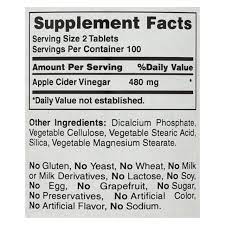 Apple Cider Vinegar 480 mg 200 TABLETS de American Health — etiqueta con los ingredientes