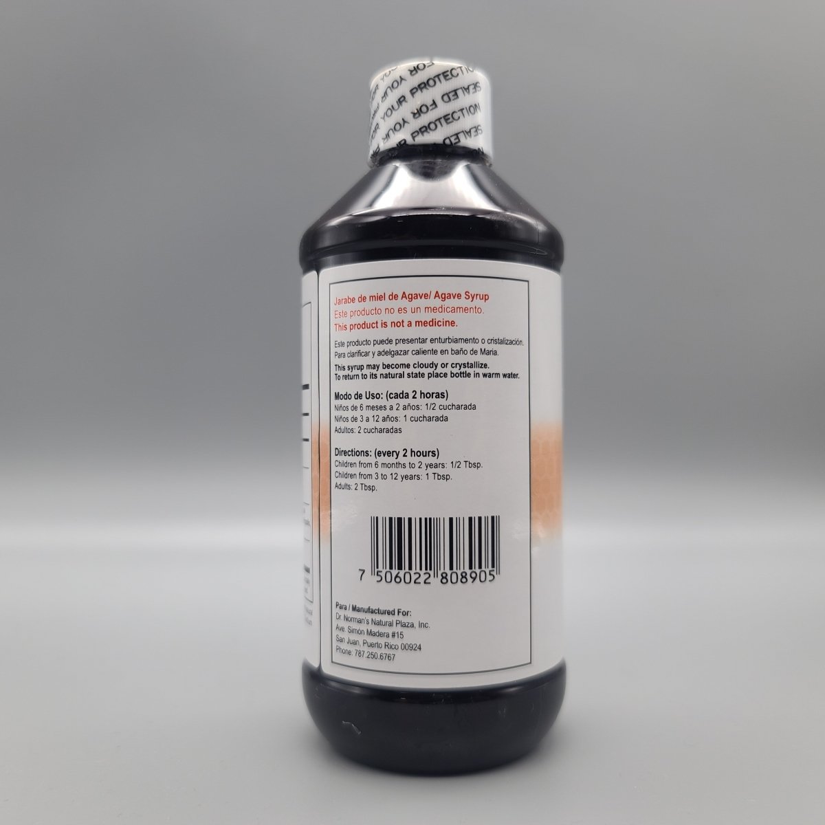 Bronkoplex de Dr. Norman's, jarabe de miel de agave con eucalipto de 8 oz para la tos — etiqueta con los ingredientes (foto de archivo)