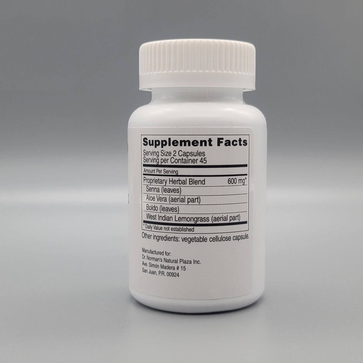 Detoxiplex Dr. Norman 90 cápsulas para digestión y estreñimiento — vista posterior del envase