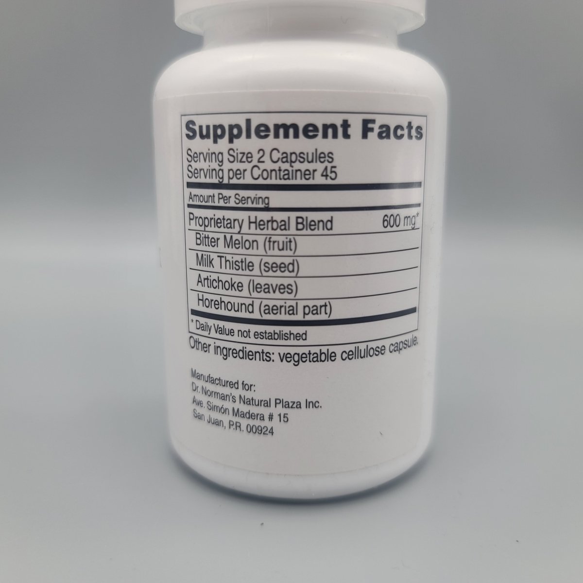 Supplement Facts de Diabetplex: Proprietary Herbal Blend 600 mg con bitter melon, milk thistle, artichoke y horehound