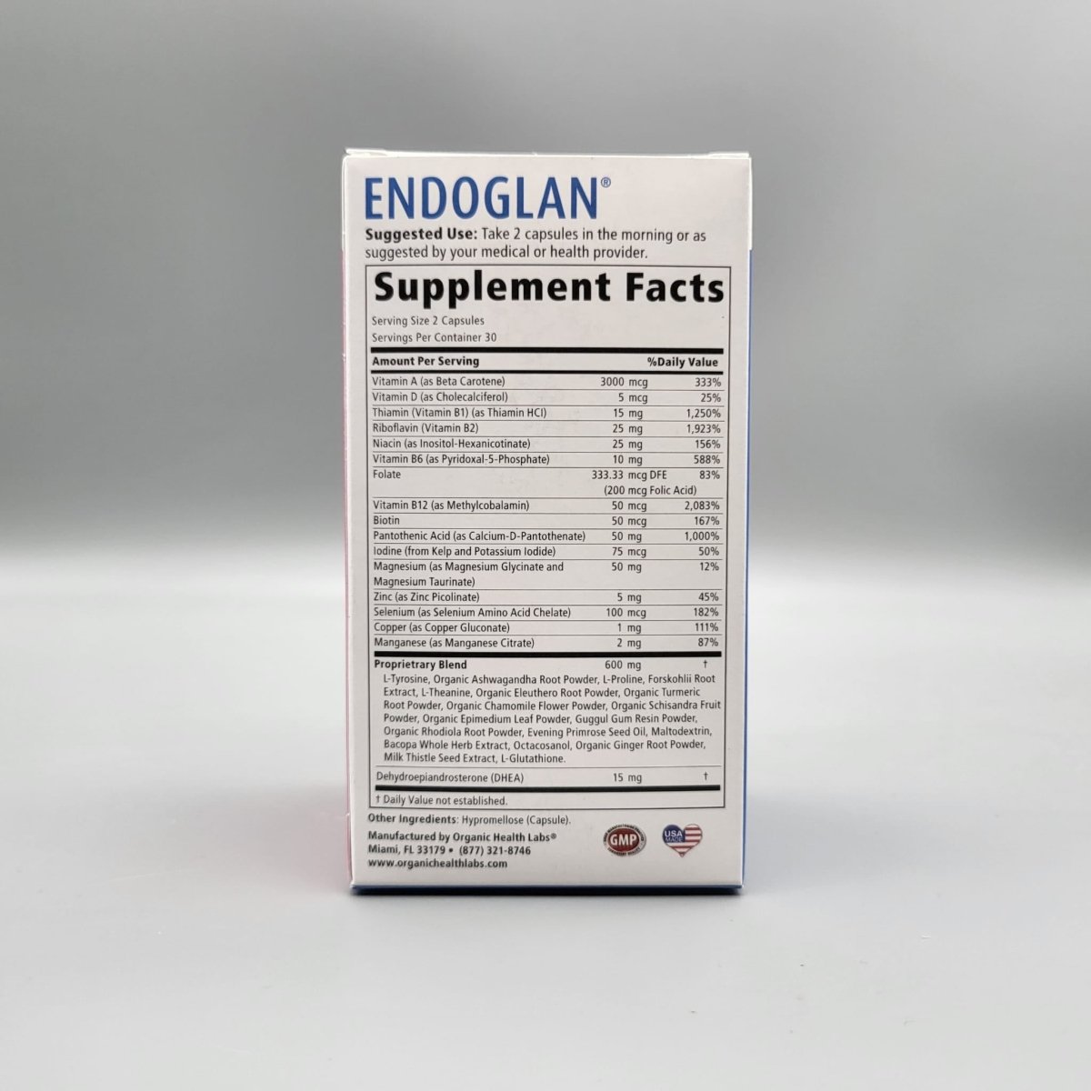Supplement Facts de Endoglan: 75 mcg de yodo, selenio, vitaminas B, mezcla de 600 mg y DHEA 15 mg (archivo)
