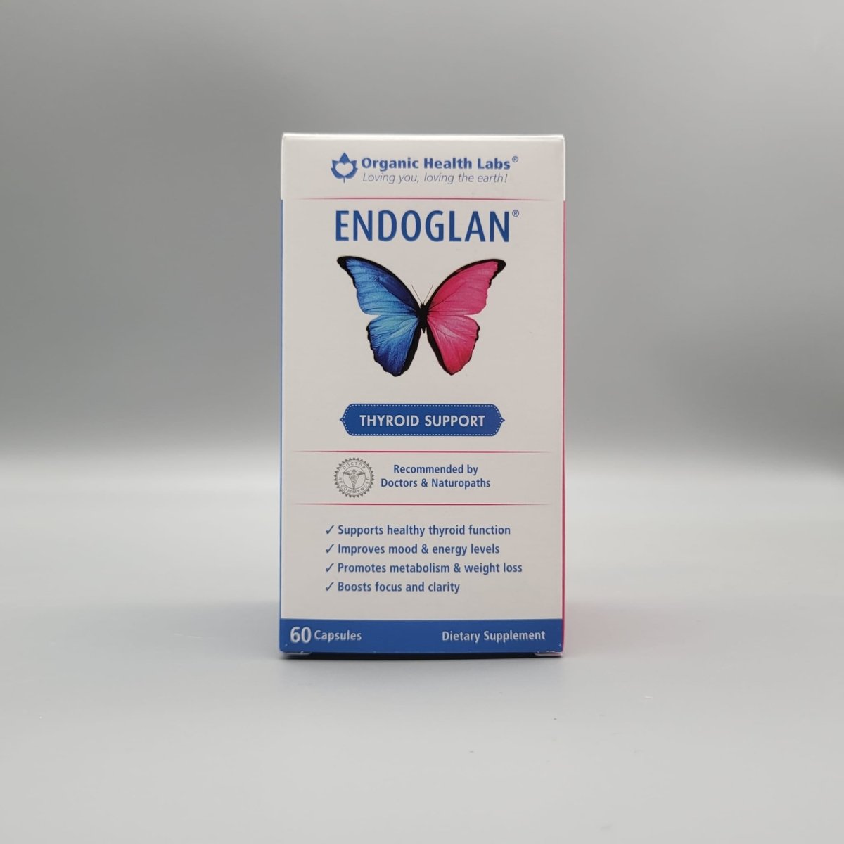 Frente de la caja de Endoglan de Organic Health Labs, Thyroid Support, 60 cápsulas (foto de archivo)
