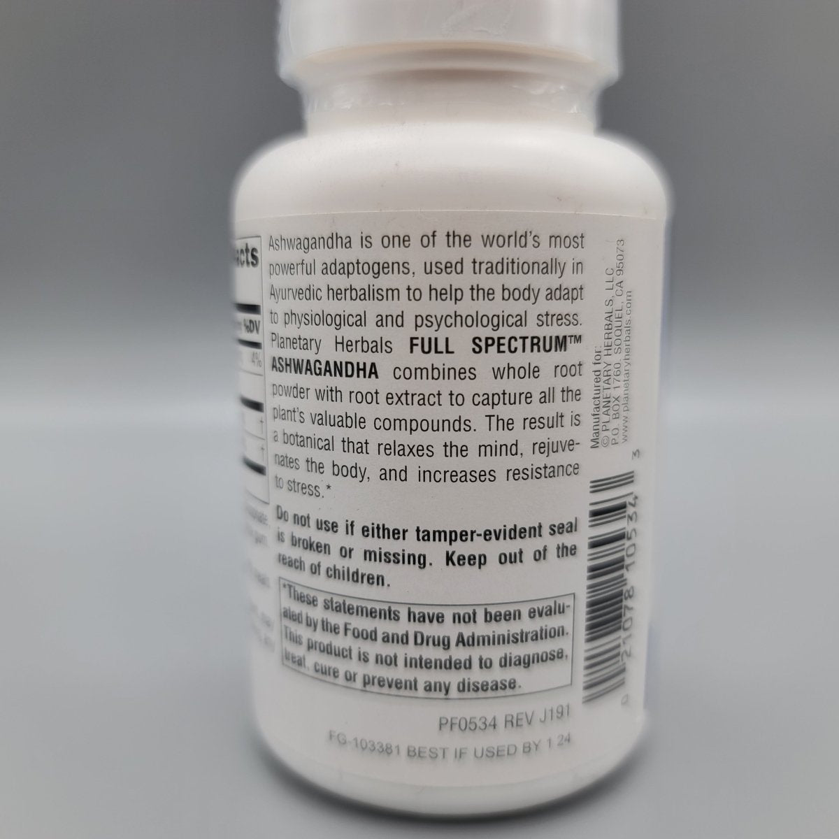 Planetary Herbals Ashwagandha Full Spectrum 570 mg 60 tabletas — vista posterior del envase (foto de archivo)
