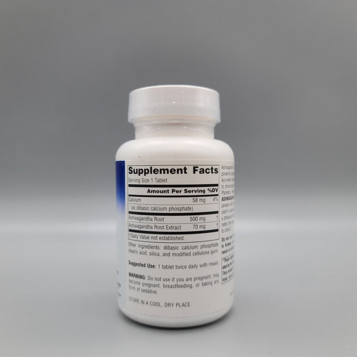 Planetary Herbals Ashwagandha Full Spectrum 570 mg 60 tabletas — etiqueta con los ingredientes (foto de archivo)