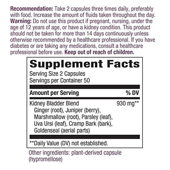 Kidney Bladder Nature's Way con Uva Ursi y Enebro, 100 Cápsulas — etiqueta con los ingredientes