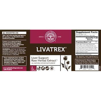 Liver Health Global Healing (Livatrex) Extracto Orgánico 2 oz de Global Healing Center — etiqueta con los ingredientes