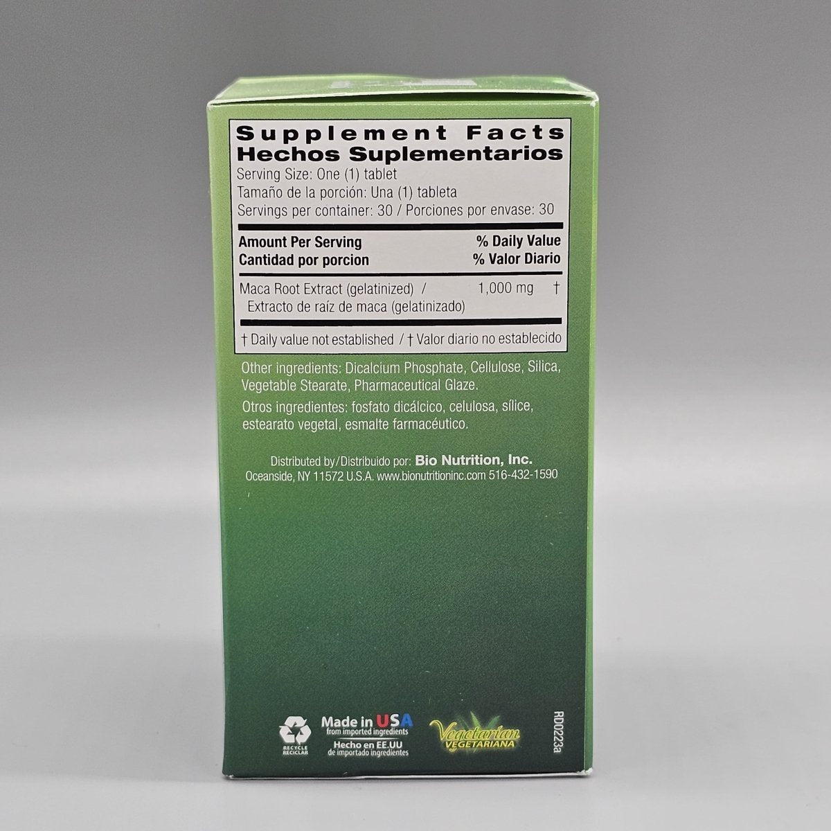 Maca-Max 1000 mg 30 Tabletas para Energía y Vitalidad de Bio Nutrition — vista posterior del envase
