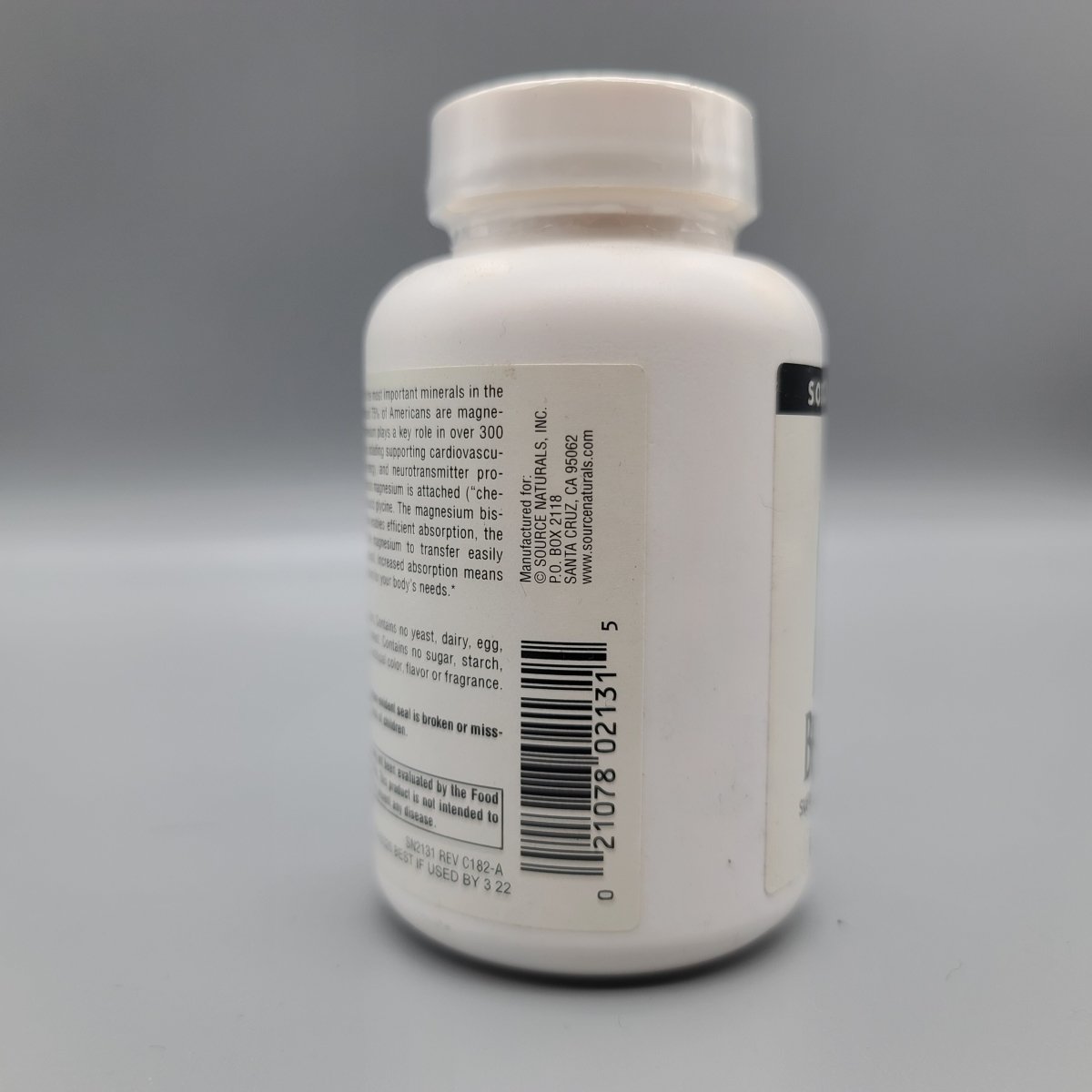 Magnesio Bisglicinato para Dormir, Estrés y Calambres de Source Naturals — vista lateral del envase