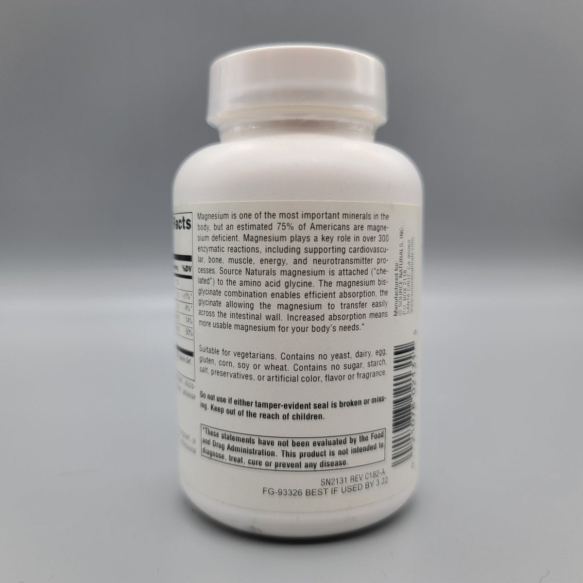 Magnesio Bisglicinato para Dormir, Estrés y Calambres de Source Naturals — vista posterior del envase