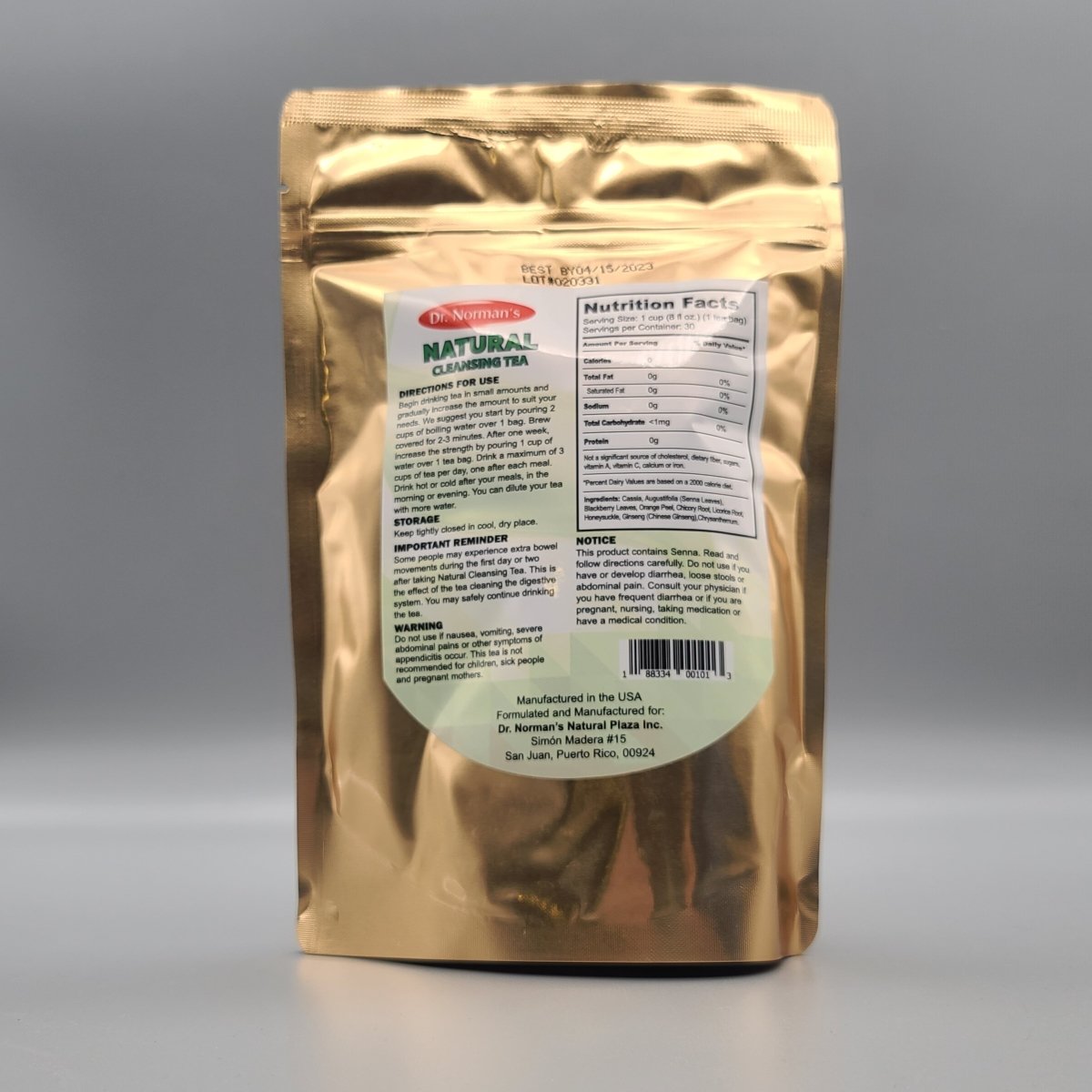 Té Cleansing Dr. Norman 30 bolsitas para digestión — etiqueta con los ingredientes