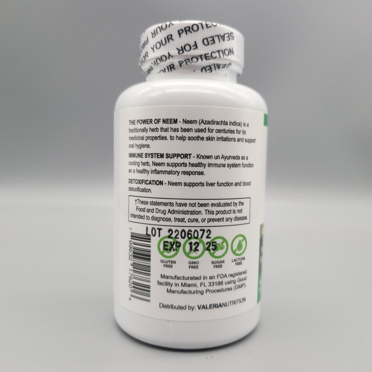 Neem Leaf: declaraciones impresas, aviso FDA y sellos GLUTEN FREE, GMO FREE, SUGAR FREE y LACTOSE FREE