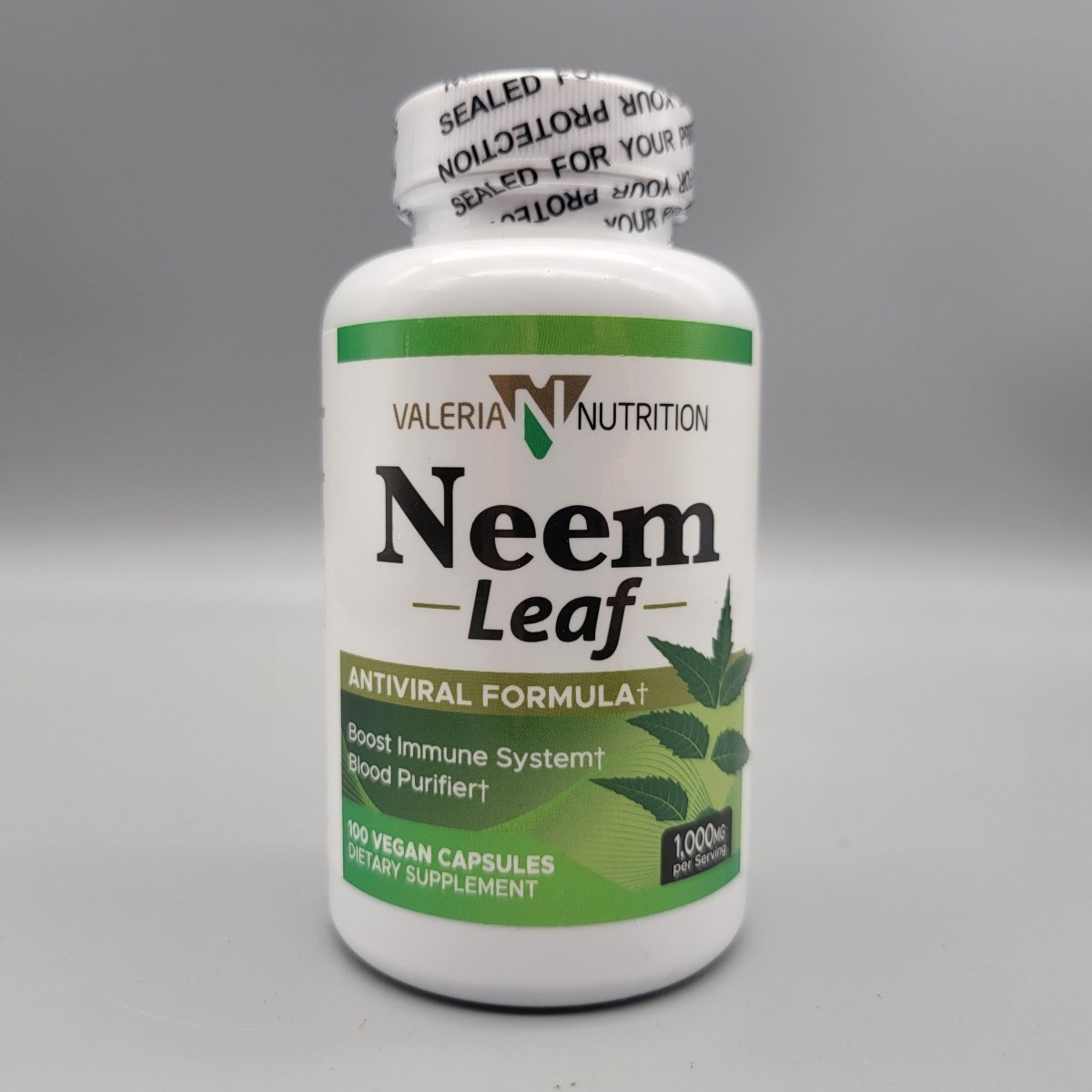 Neem Leaf Valeria Nutrition: frente del frasco, 100 cápsulas veganas, 1,000 mg por porción