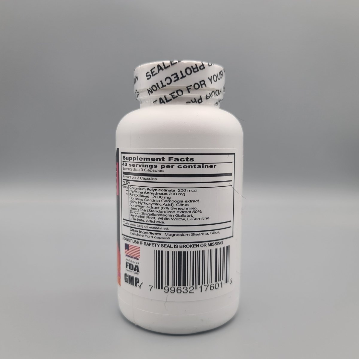 Ripex Ultra con Cafeína, Garcinia y Té Verde, 120 Cápsulas de Optimus Wellness Solutions — etiqueta con los ingredientes