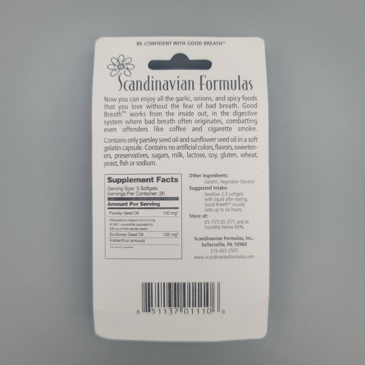 Scandinavian Formulas-Good Breath-60 Softgels — etiqueta con los ingredientes