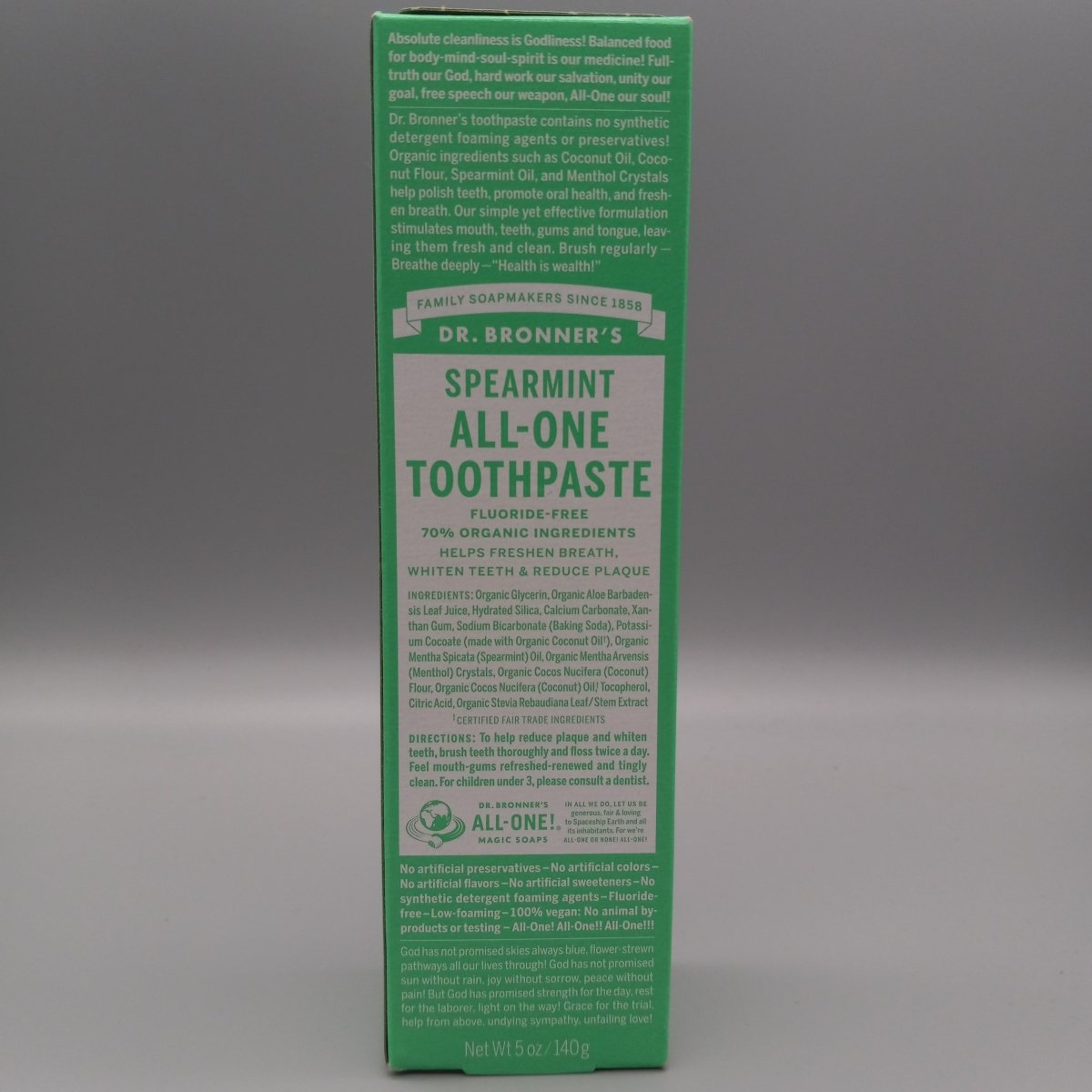 Spearmint All-One Toothpaste - Fluoride Free - Whiten Teeth & Reduce Plaque - 5oz