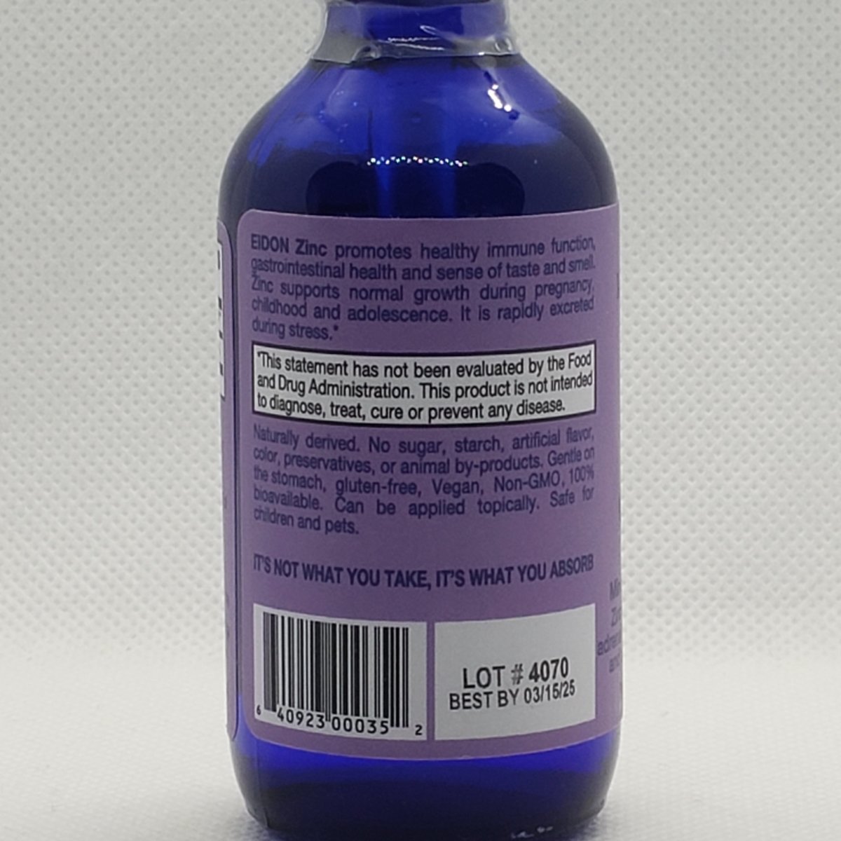 Eidon Zinc líquido iónico 7.5 mg concentrado 2 oz con gotero — vista posterior del envase