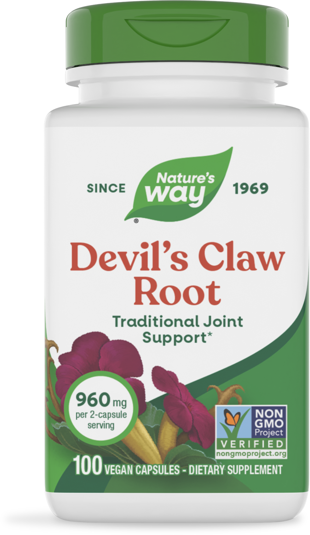 Frasco de Devil's Claw Root de Nature's Way, 960 mg por 2 cápsulas, 100 cápsulas veganas