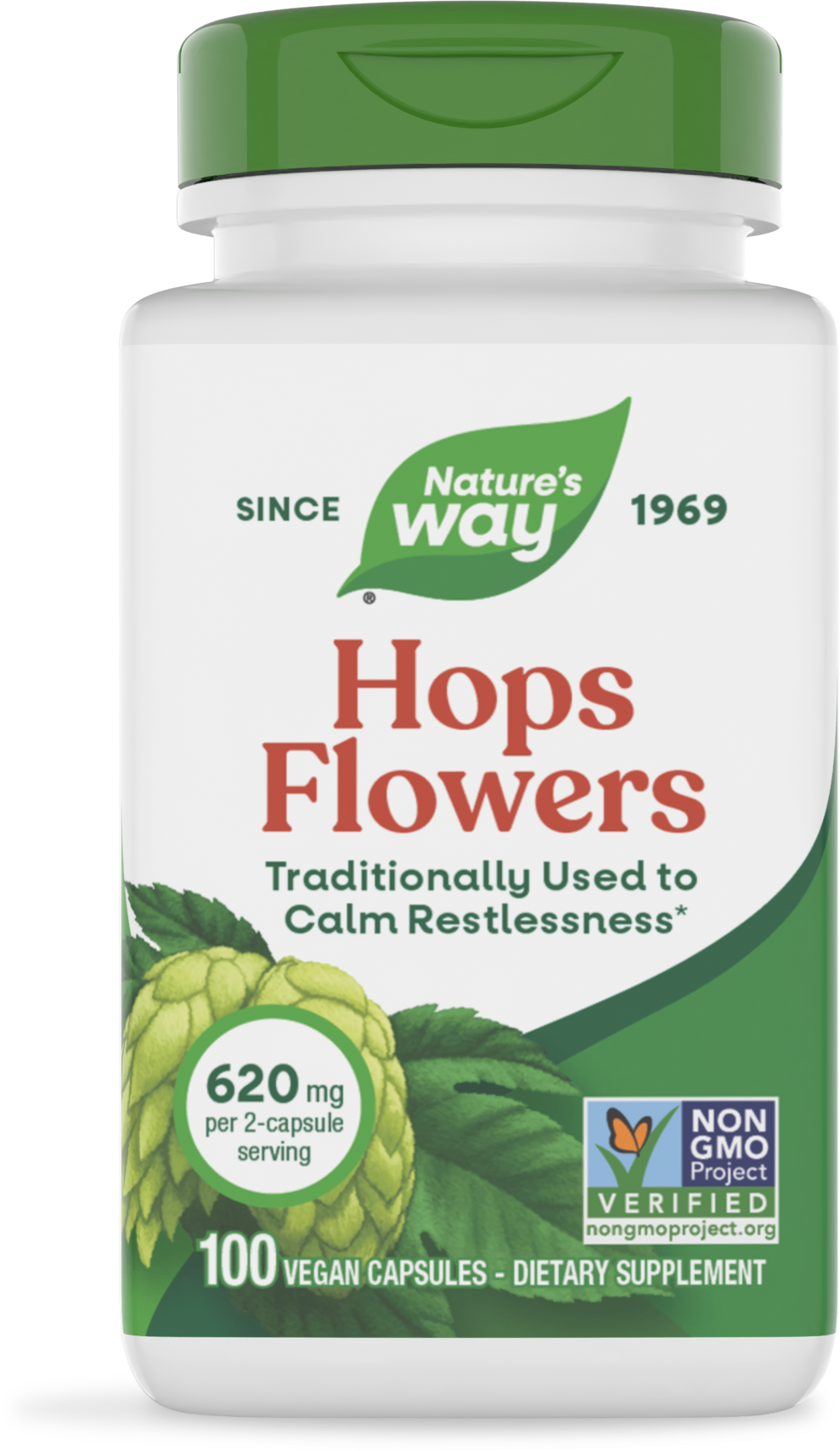 Frasco de Hops Flowers de Nature's Way, 620 mg por 2 cápsulas, 100 cápsulas veganas