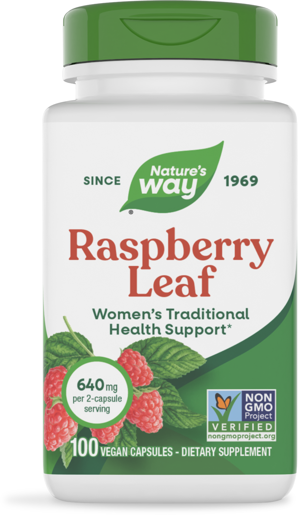 Frasco de Raspberry Leaf de Nature's Way, 640 mg por 2 cápsulas, 100 cápsulas veganas