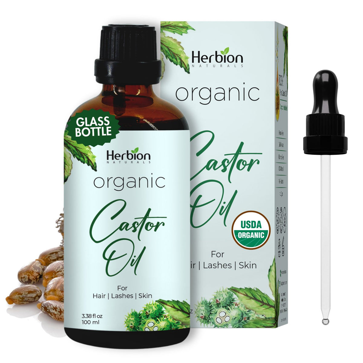 Aceite de Ricino Orgánico Herbion Naturals Prensado en Frío para Cabello, Pestañas y Piel, 3.38 oz (100 ml) con Gotero
