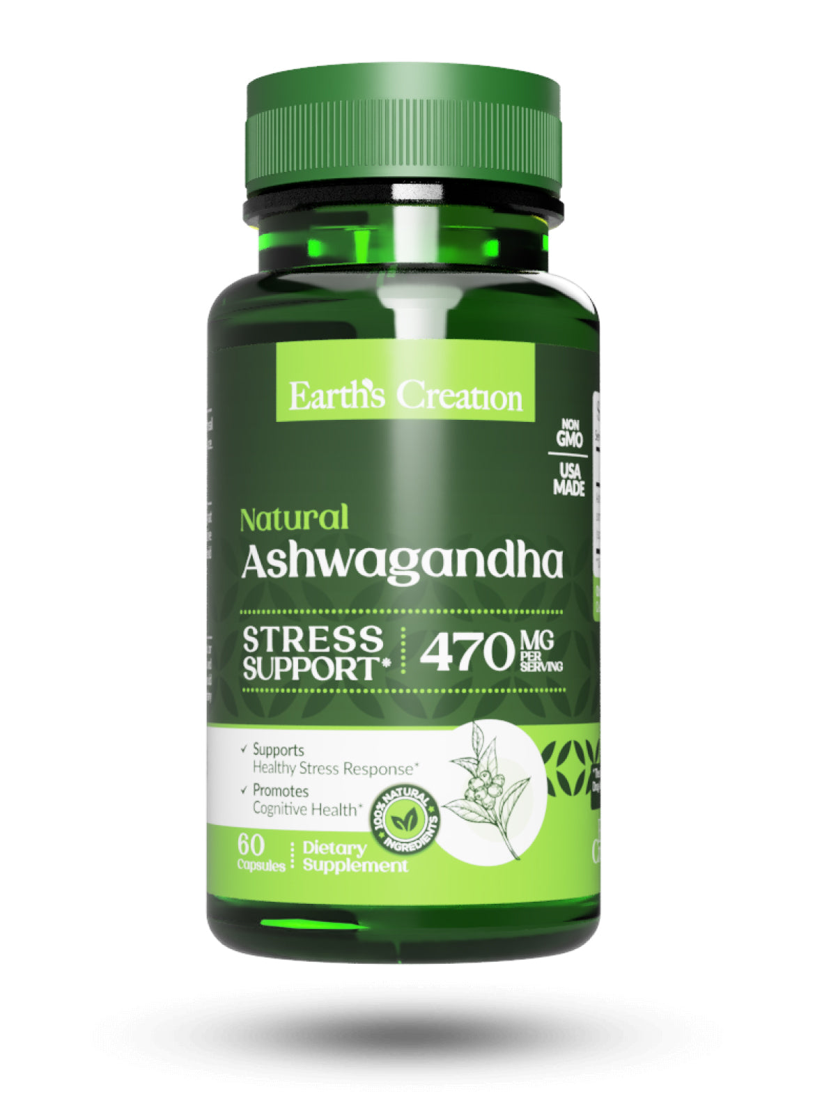 Ashwagandha 470 mg Earth's Creation para el estrés y la energía, 60 cápsulas