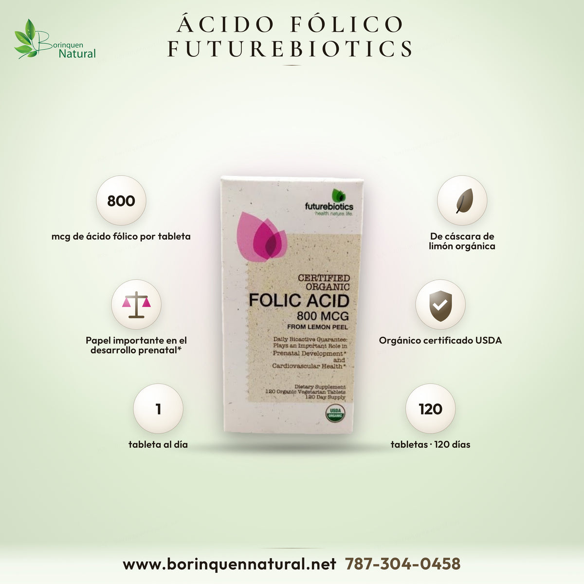Ácido fólico 800 mcg orgánico de Futurebiotics, de cáscara de limón, 120 tabletas vegetarianas