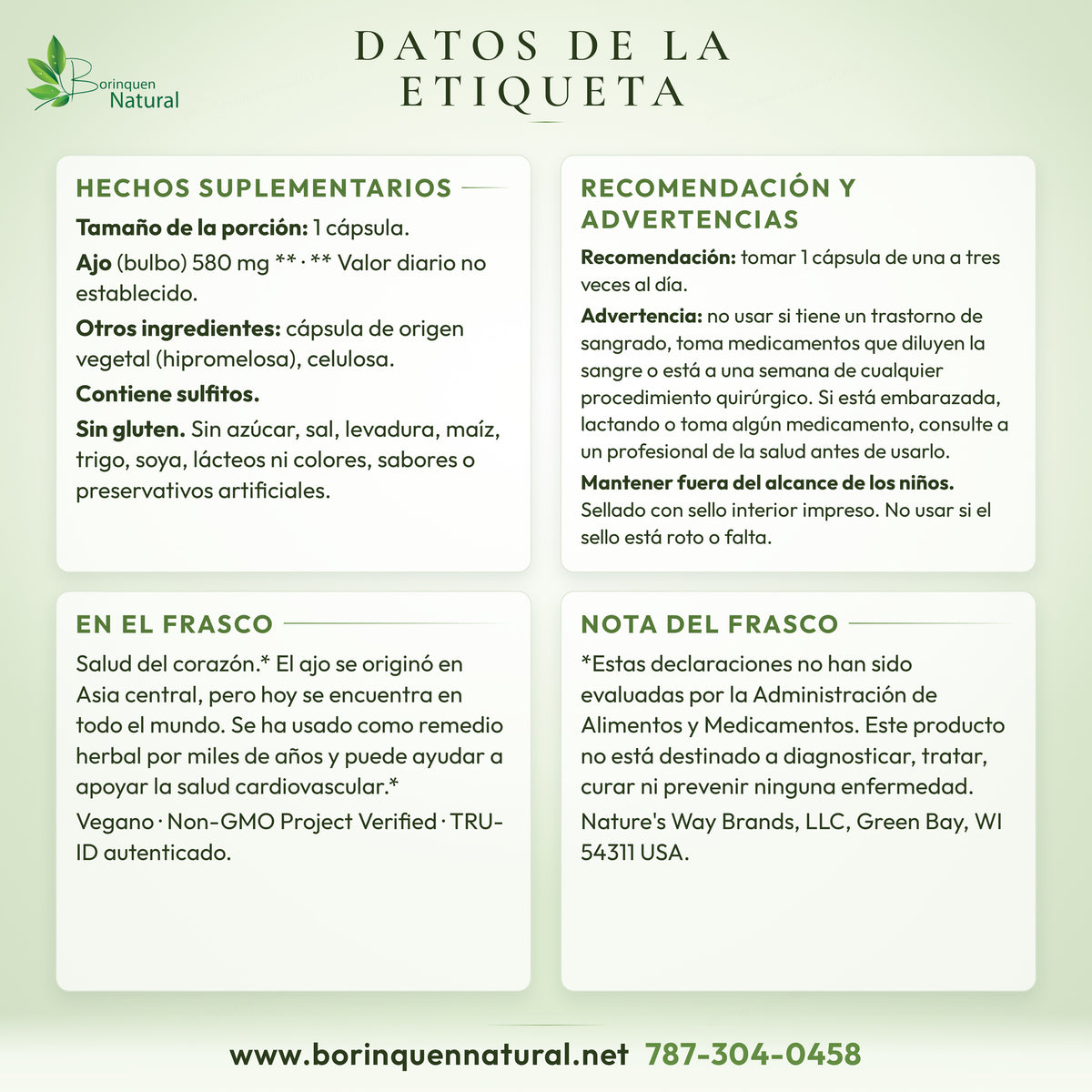 Datos de la etiqueta del Garlic Bulb de Nature's Way: hechos suplementarios, otros ingredientes, recomendación, advertencias y lo que dice el frasco