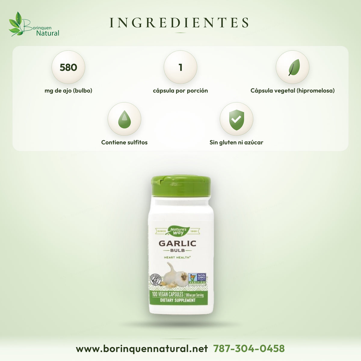 Ingredientes del Garlic Bulb de Nature's Way: 580 mg de bulbo de ajo por cápsula vegetal de hipromelosa con celulosa; contiene sulfitos