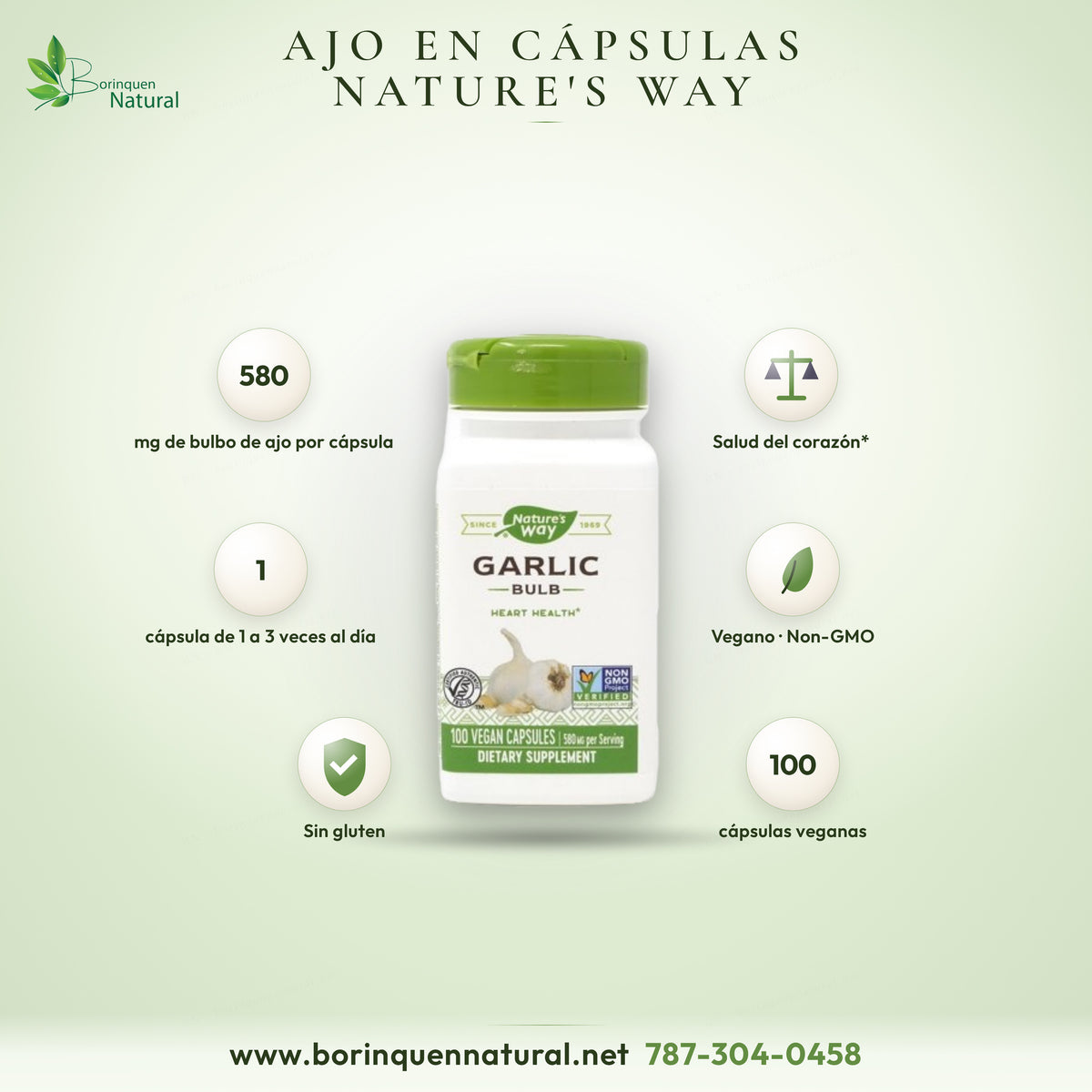 Garlic Bulb de Nature's Way, bulbo de ajo de 580 mg por porción en frasco de 100 cápsulas veganas