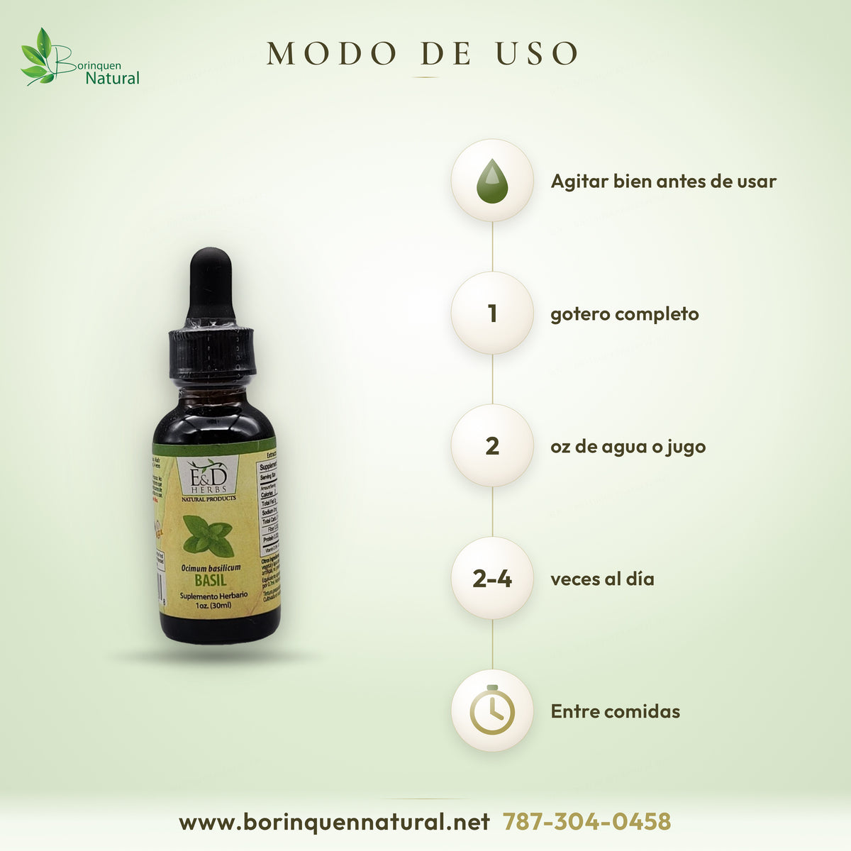 Modo de uso de las gotas de albahaca E&D Herbs: un gotero en 2 oz de agua o jugo, 2 a 4 veces al día entre comidas