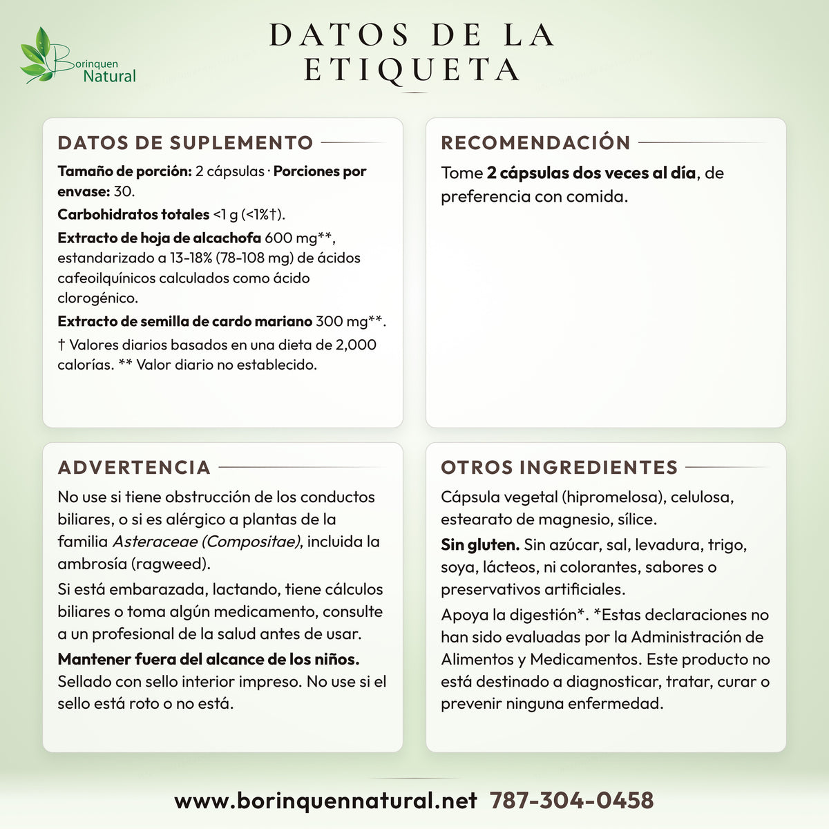 Datos de la etiqueta del extracto de alcachofa Nature's Way: datos de suplemento, recomendación, advertencias y otros ingredientes