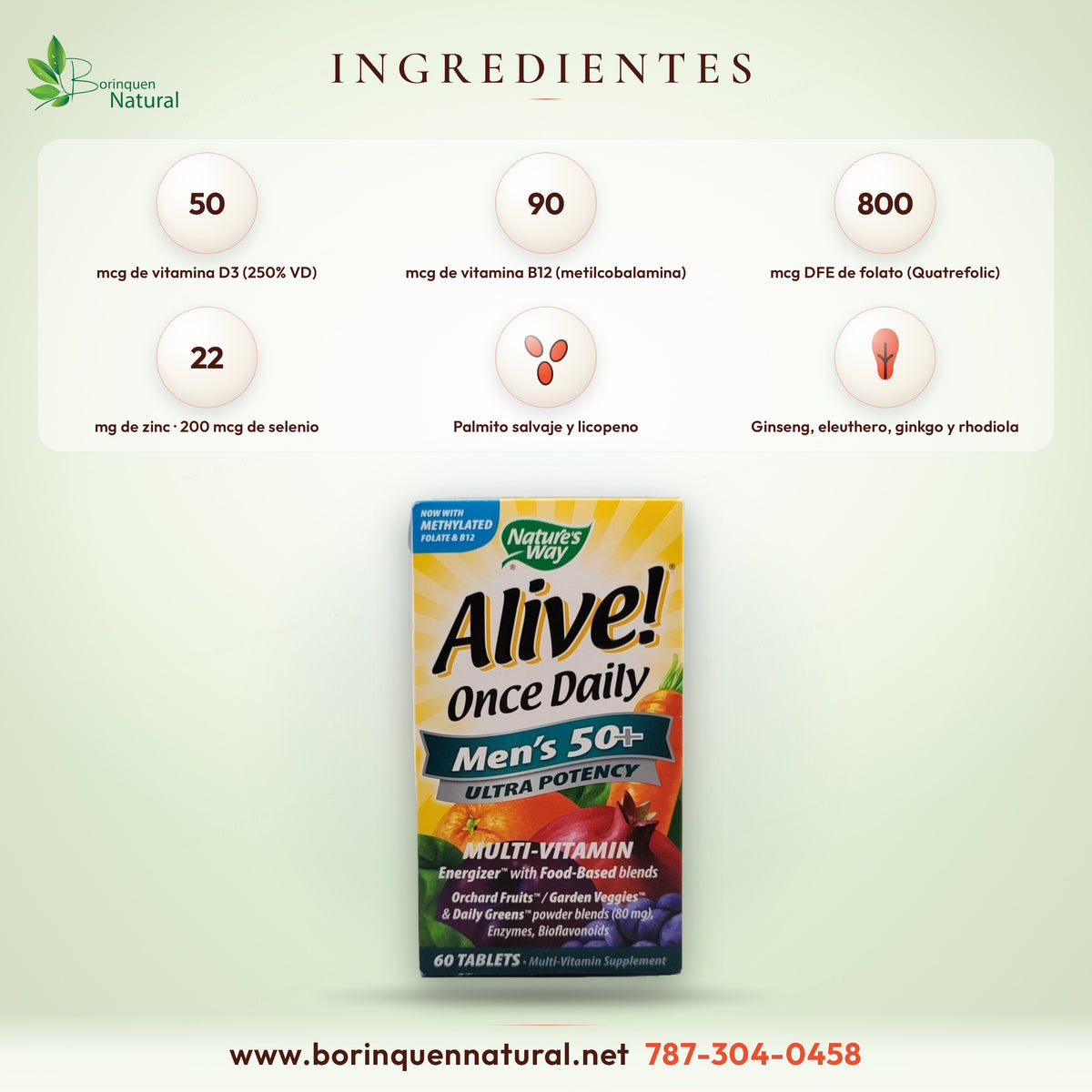 Ingredientes del Alive! Men's 50+: vitaminas A, C, D3, E, complejo B, zinc, selenio, palmito salvaje, licopeno y mezclas de frutas y vegetales