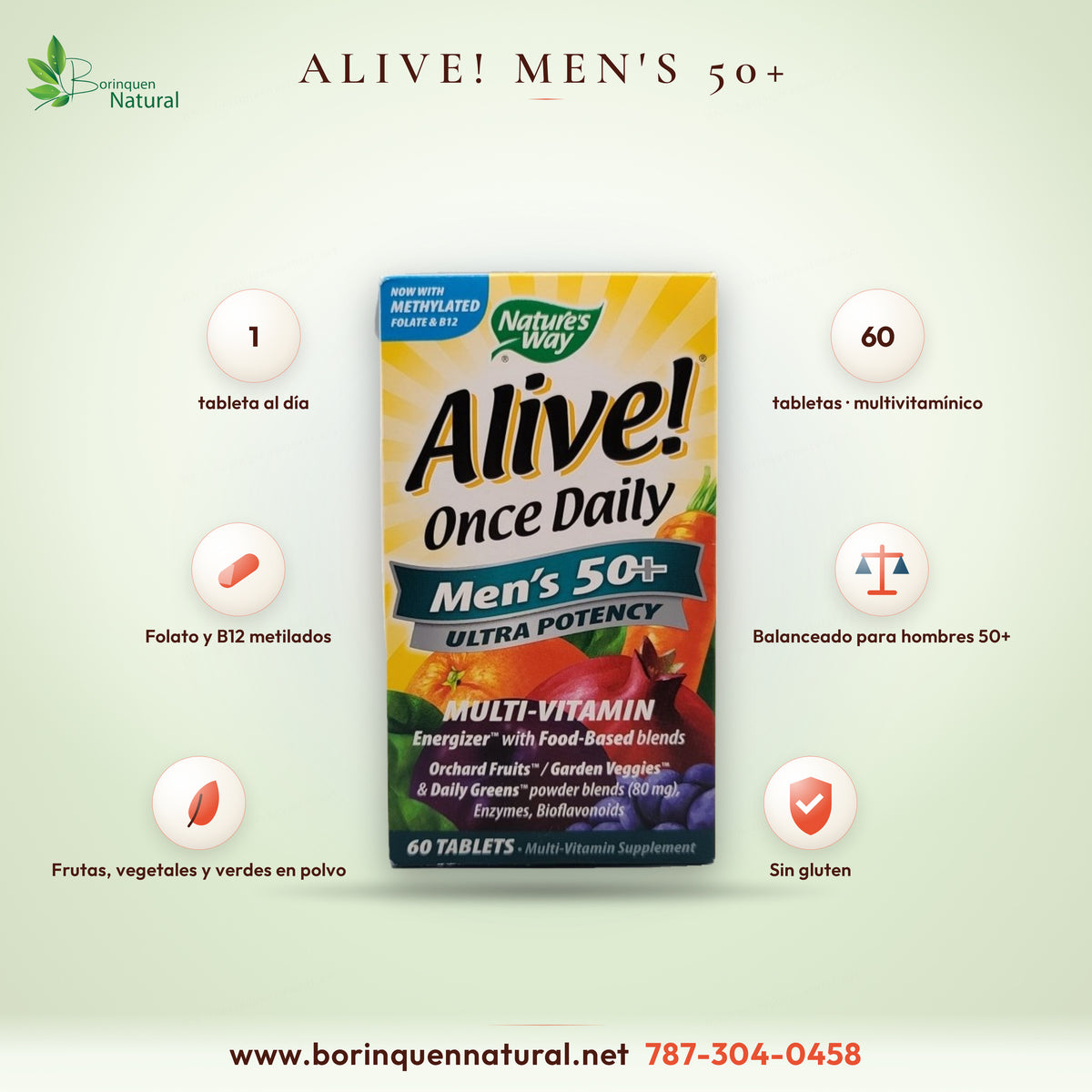 Multivitamínico Alive! Once Daily Men's 50+ Ultra Potency de Nature's Way, caja de 60 tabletas con mezclas de frutas, vegetales y verdes