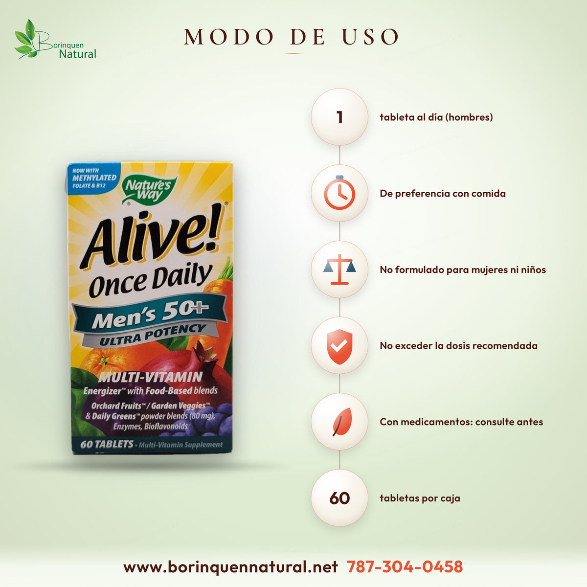 Modo de uso del Alive! Men's 50+ Ultra Potency: hombres, 1 tableta al día, de preferencia con comida