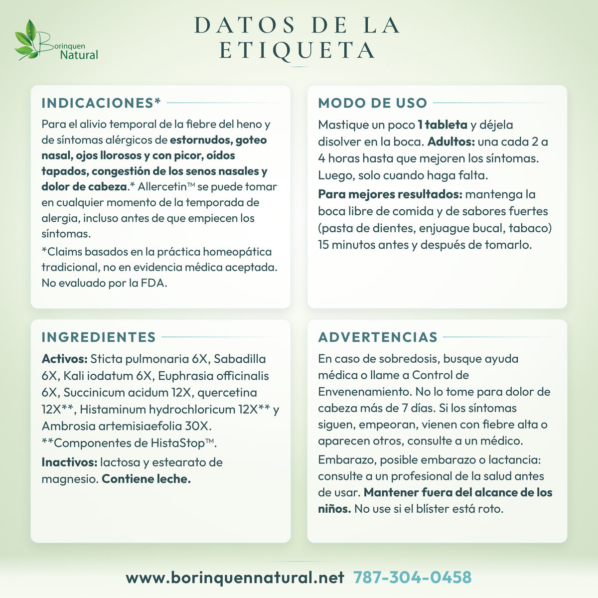 Datos de la etiqueta del Allercetin Allergy & Sinus: indicaciones, modo de uso, ingredientes y advertencias