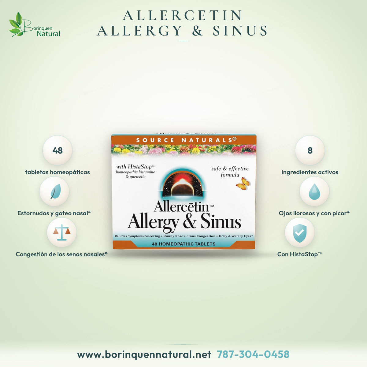 Allercetin Allergy & Sinus de Source Naturals, remedio homeopático con HistaStop, caja de 48 tabletas