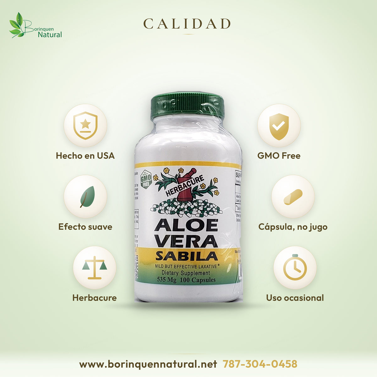 Aloe Vera Sábila de Herbacure hecho en Estados Unidos, libre de transgénicos, de efecto suave y en cápsula en vez de jugo
