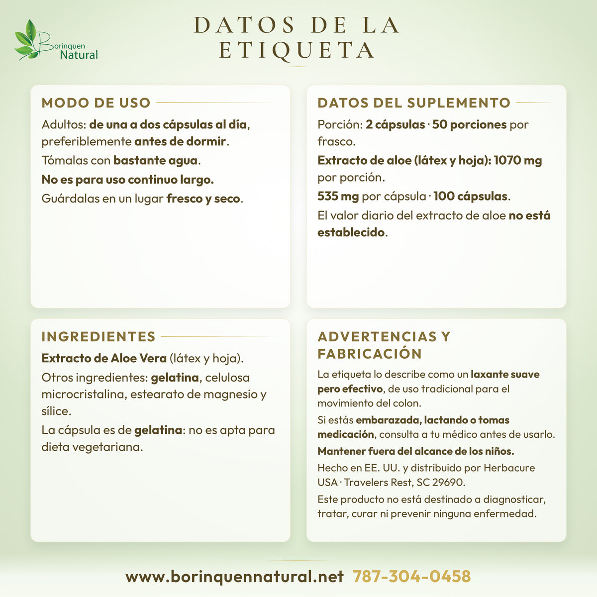 Datos de la etiqueta del Aloe Vera Sábila: modo de uso, datos del suplemento, ingredientes y advertencias